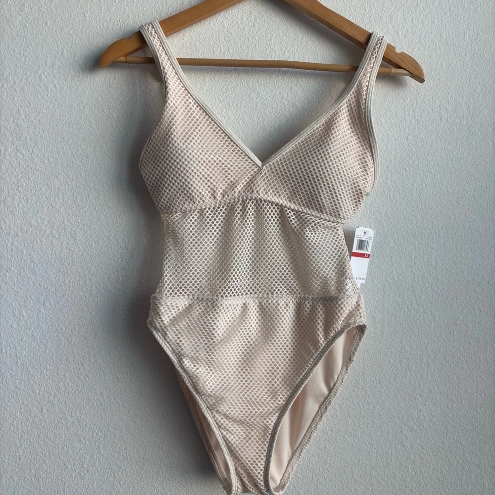 NWT Sanctuary Swim Scoop-Neck High-Leg One-Piece Swimsuit Light Sand Mesh Cutout
